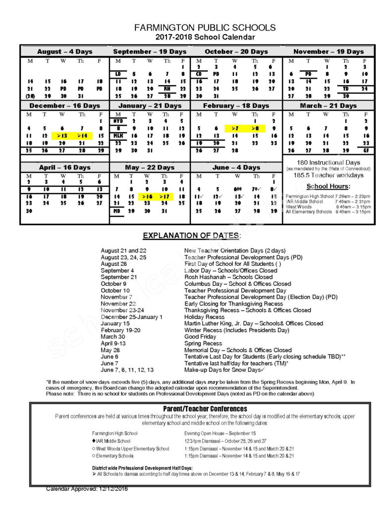 Farmington Public Schools Calendars Farmington CT
