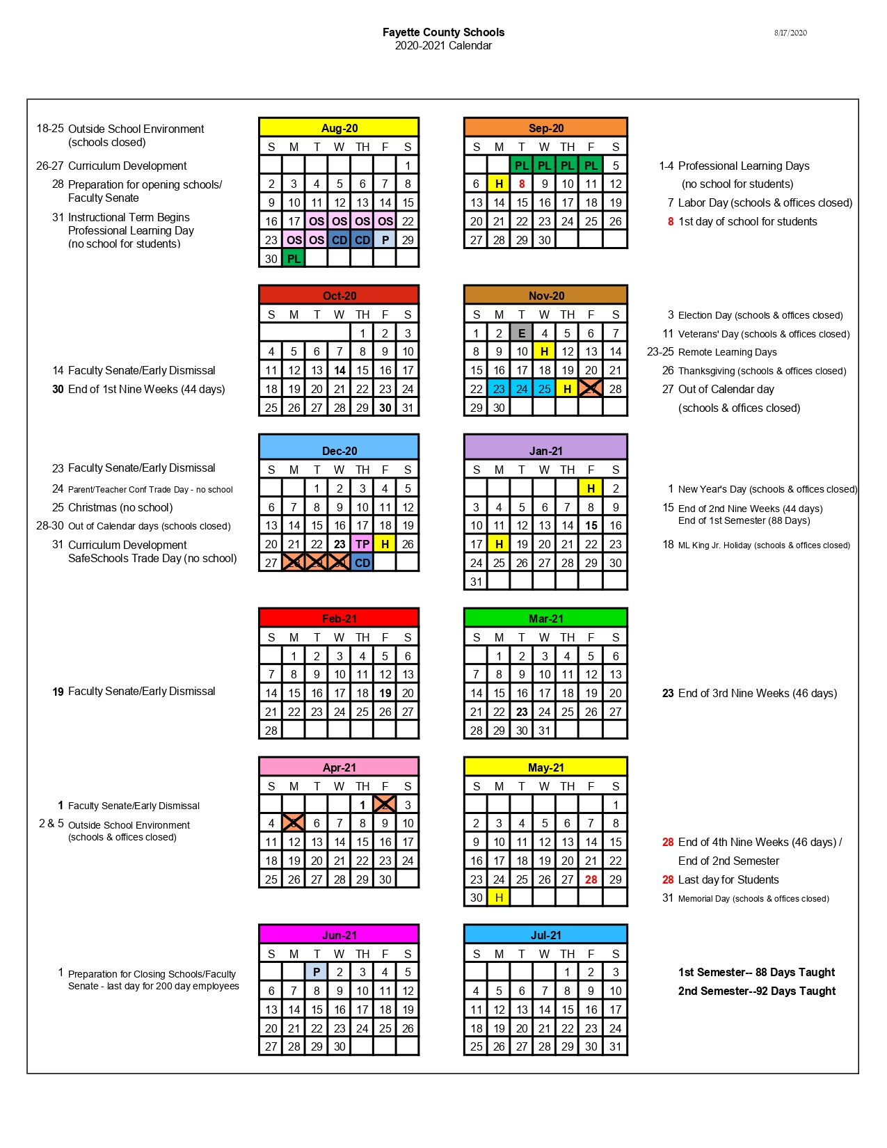 Fayette County School Calendar 2020 And 2021