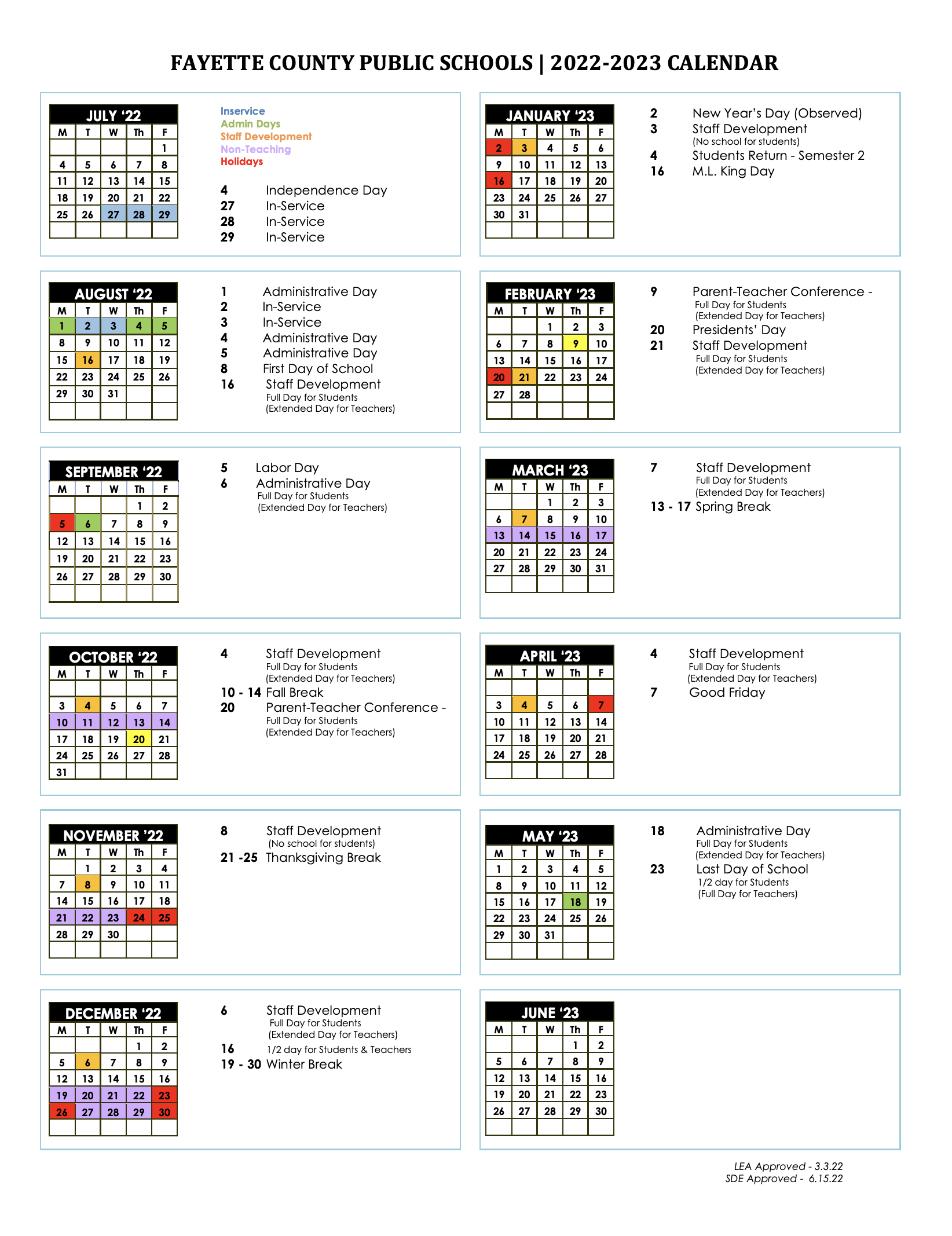 FCPS 2022 23 Instructional Calendar Calendars And Events Fayette