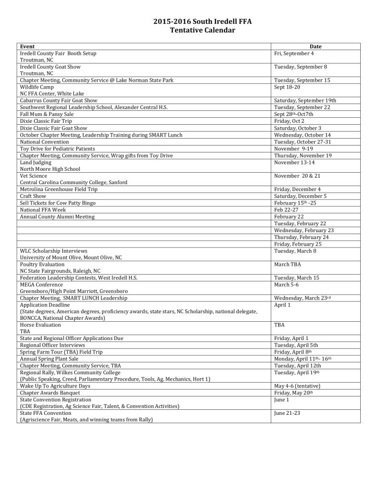 FFA Calendar Iredell