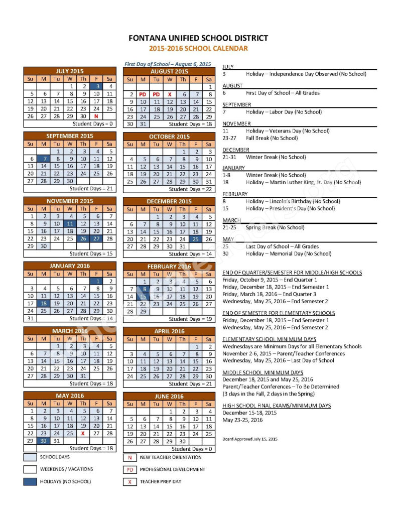 Fontana Unified School District Calendars Fontana CA