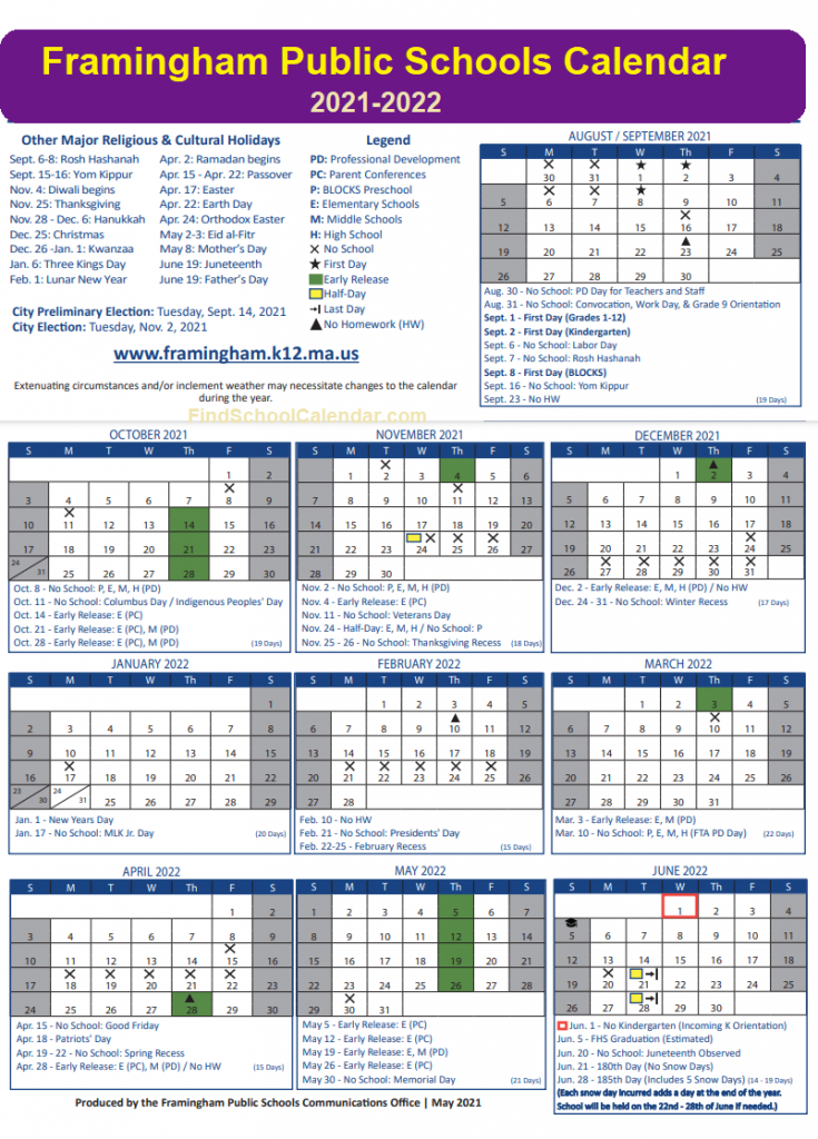 Framingham Public Schools Calendar 2021 2022 Holidays Schedule