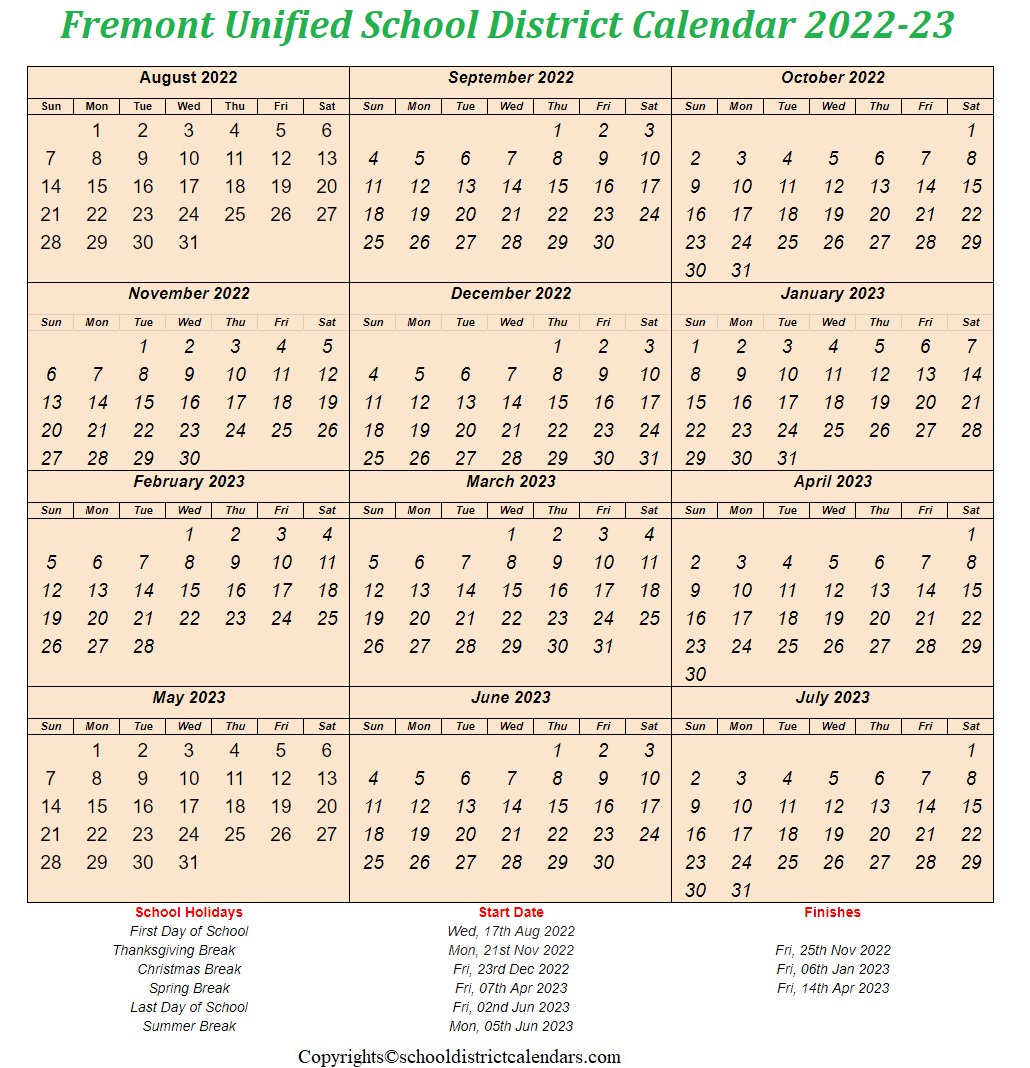 Fremont Unified Academic School District 2022 23 Calendar With Holidays