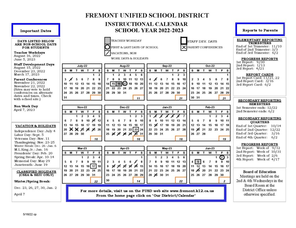 Fremont Unified School District Calendar 2022 2023 Holidays