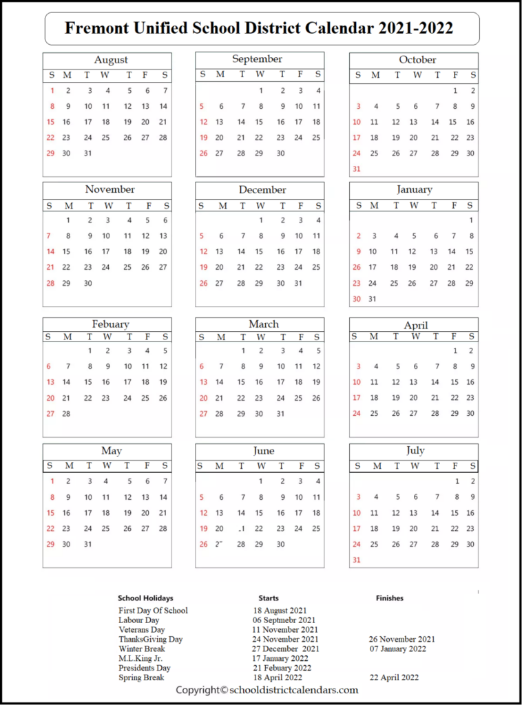 Fremont Unified School District Calendar School District Calendars