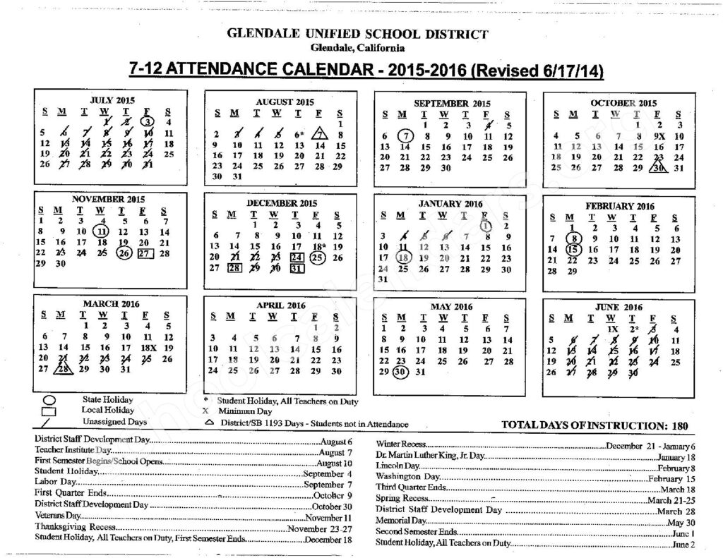 Glendale Unified School District Calendars Glendale CA