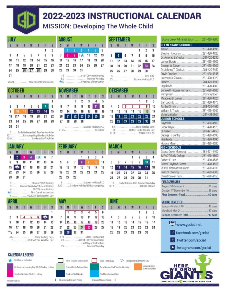 Goose Creek Independent School District Calendar 2022 2023 In PDF