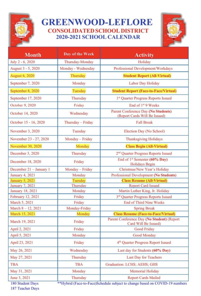 Greenwood Leflore Consolidated School District Calendar 2021 And 2022 