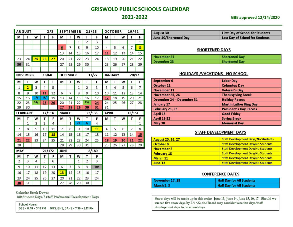 Griswold Public Schools Calendar 2022 2023
