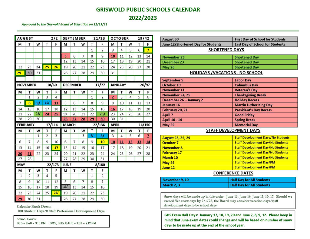 Griswold Public Schools Calendar 2023 2024