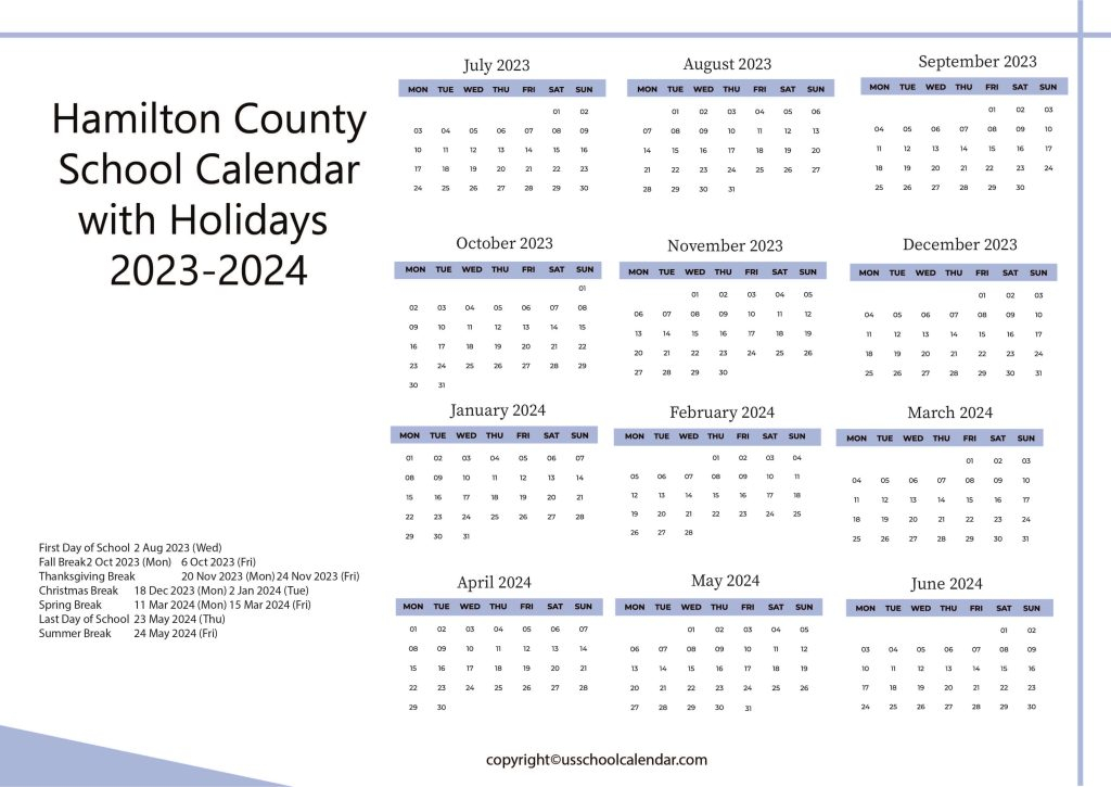 Hamilton County Department Of Education Calendar US School Calendar