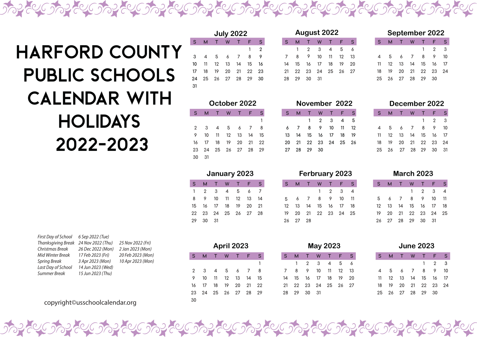 Harford County Public Schools Calendar With Holidays 2022 2023