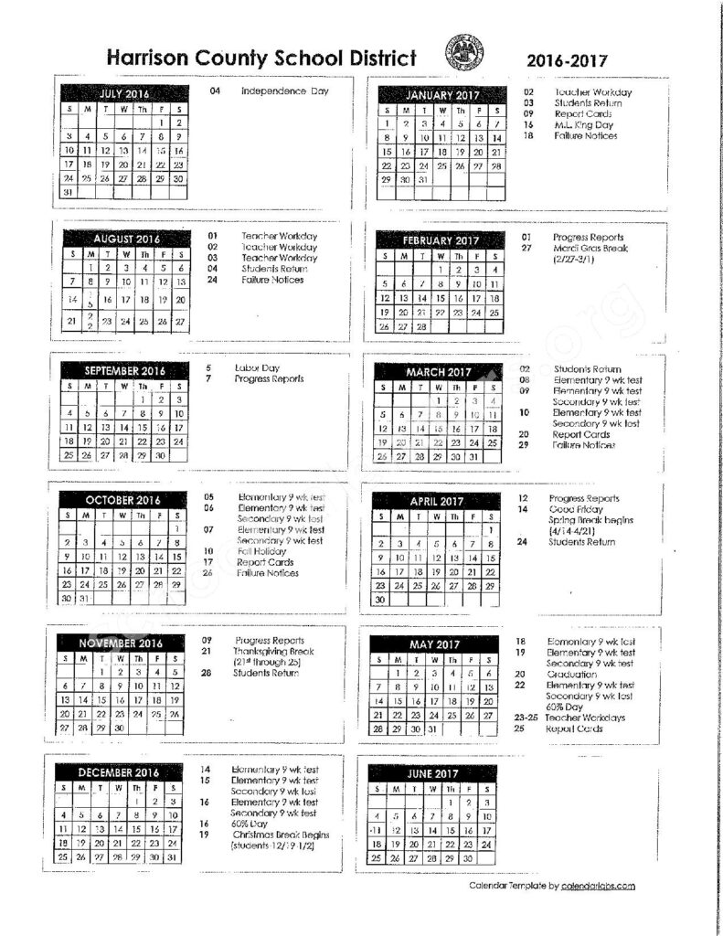 Harrison County School District Calendars Gulfport MS