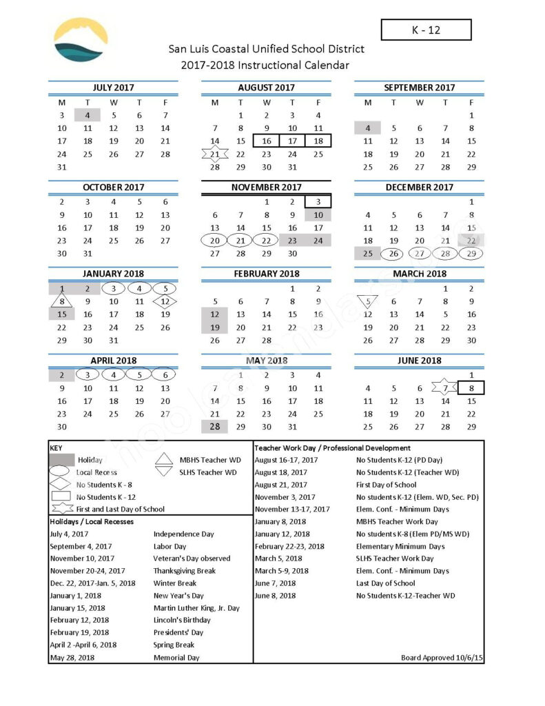 Hawthorne Elementary School Calendars San Luis Obispo CA