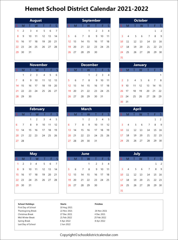 Hemet Unified School District Calendar Holidays 2021 2022