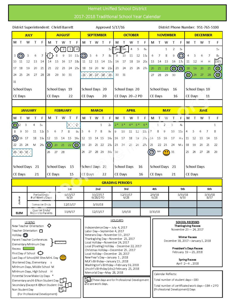 Hemet Unified School District Calendars Hemet CA