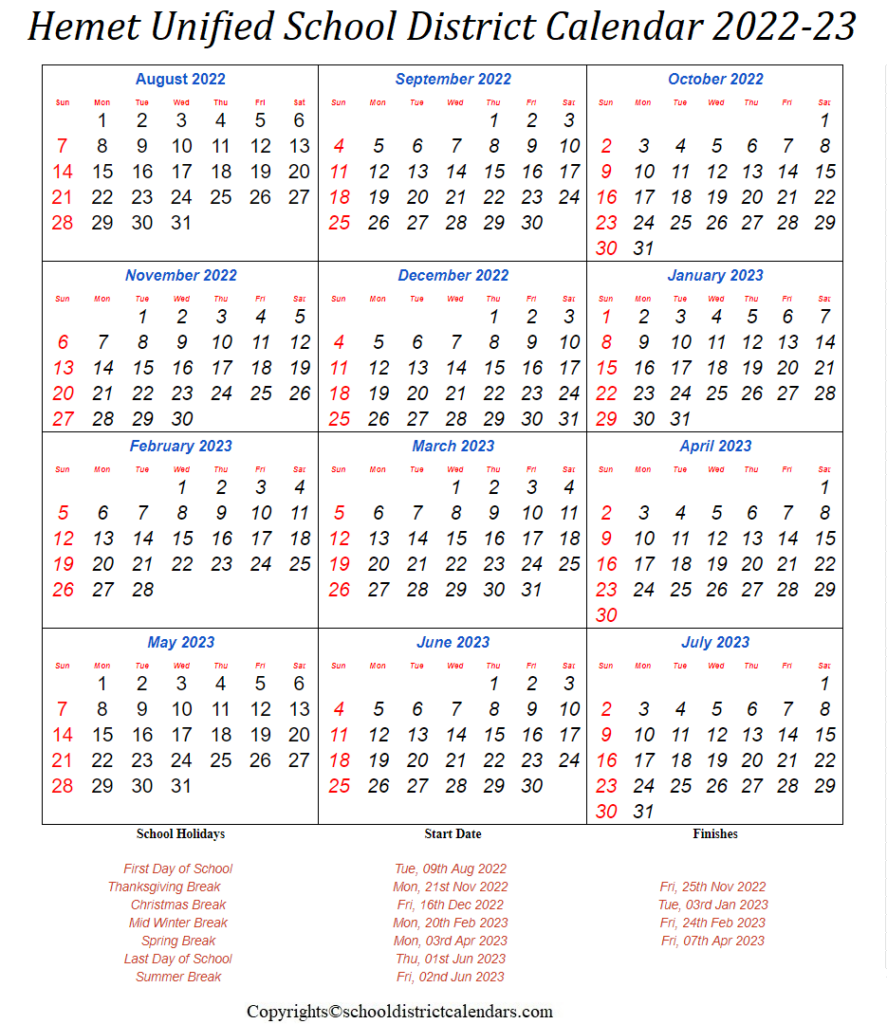 Hemet Usd Calendar Customize And Print