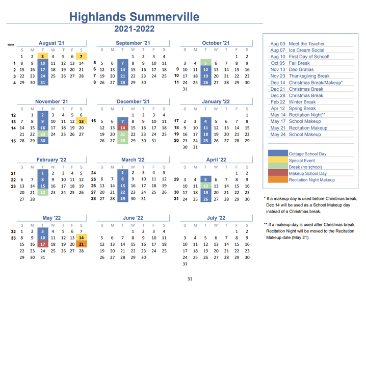 Highlands Latin School Summerville Calendar