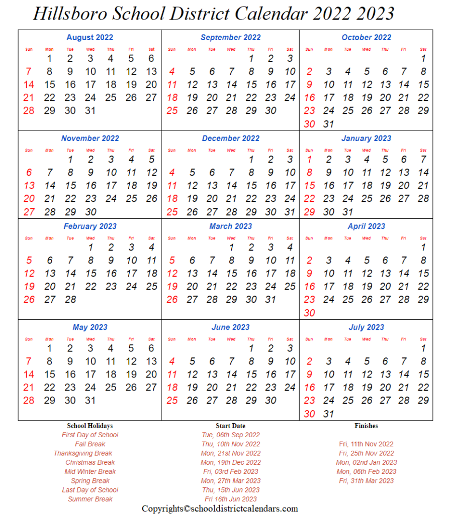 Hillsboro School District 2022 2023 Calendar With Holidays