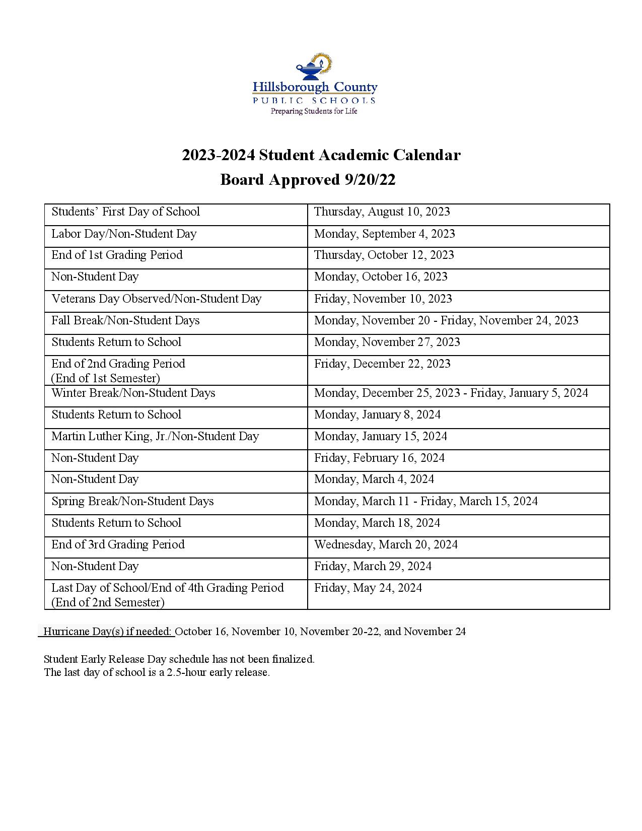 Hillsborough County Schools Calendar For 2022 2024
