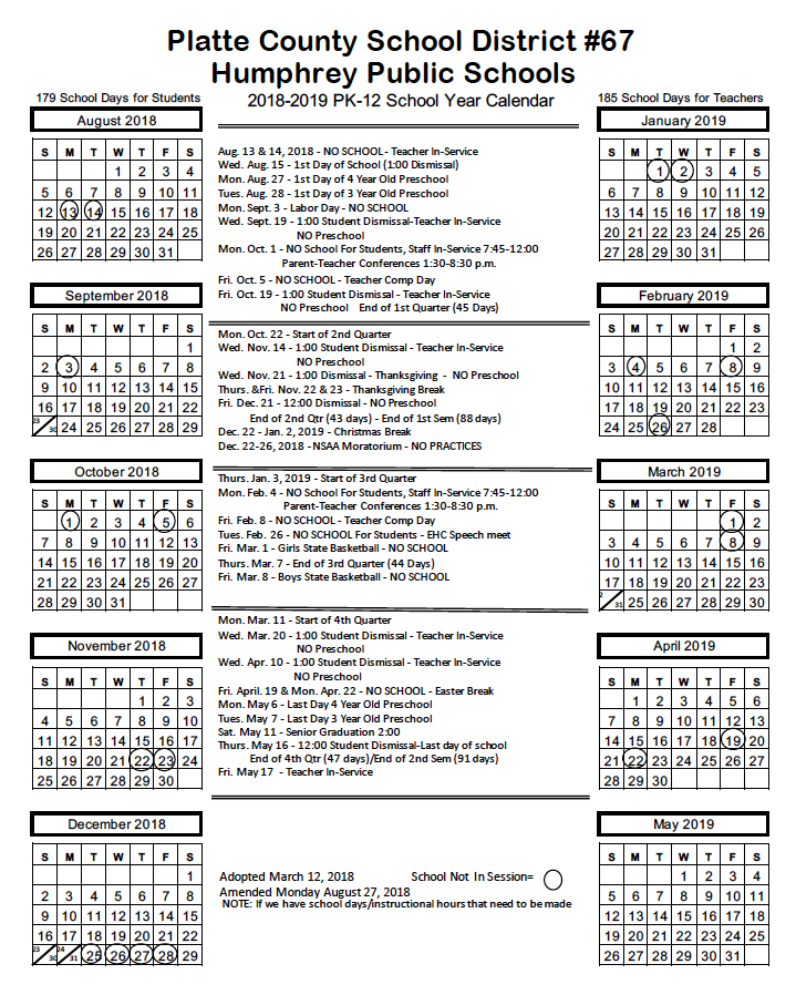 Humphrey Public Schools School Year Long Calendars