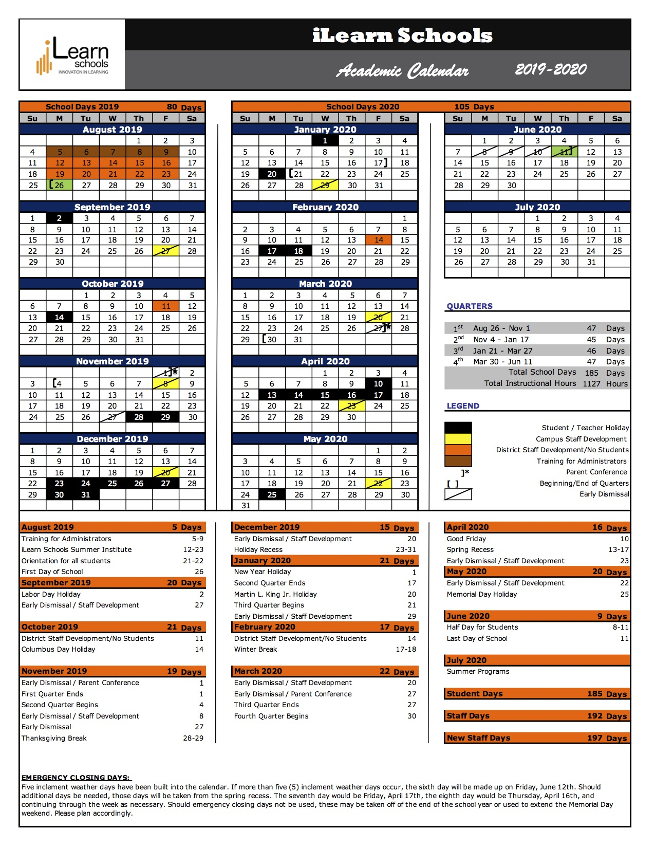 ILearn Schools 2019 2020 Academic Calendar Passaic Arts Science