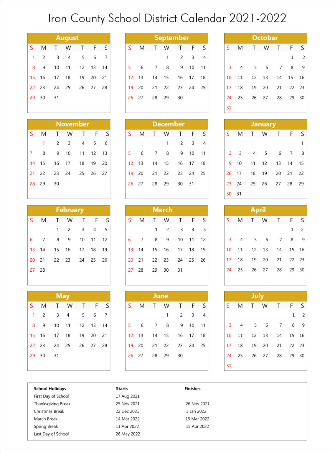 Iron County School District Calendar Holidays 2021 2022