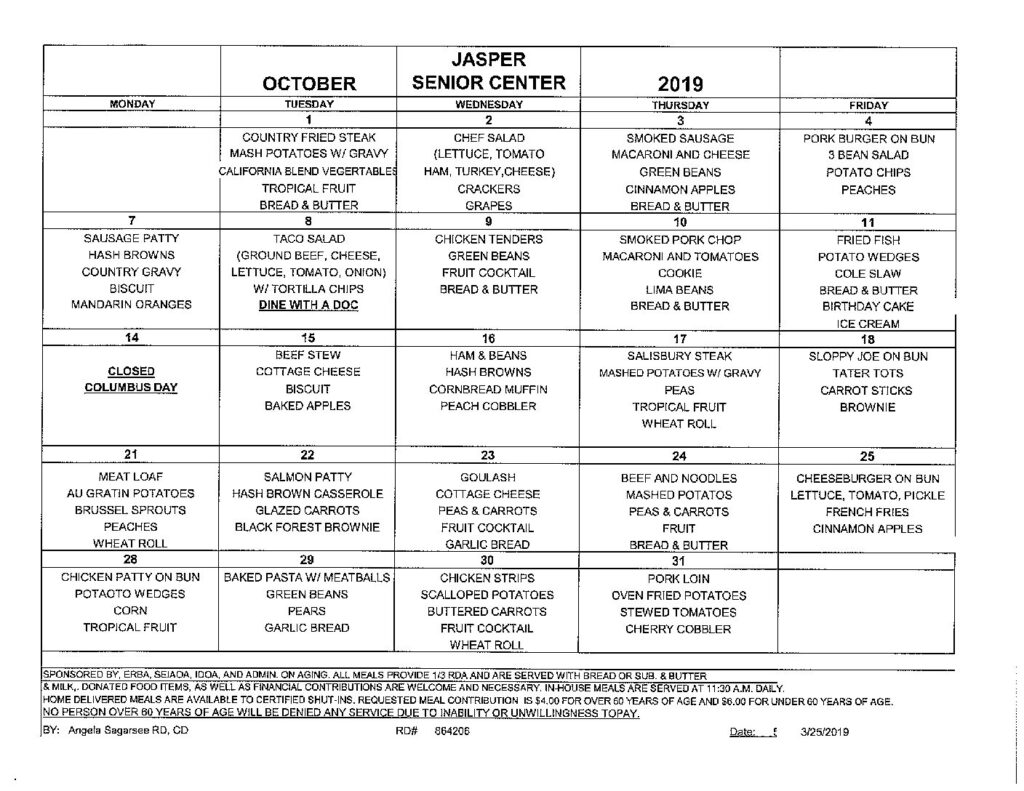 Jasper Senior Center Menu And Activity Calendar Jasper County Daily News