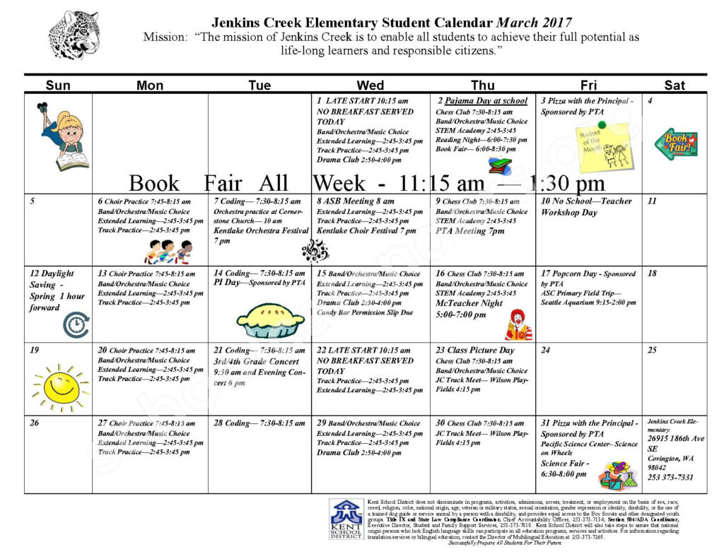 Jenkins Creek Elementary School Calendars Kent WA