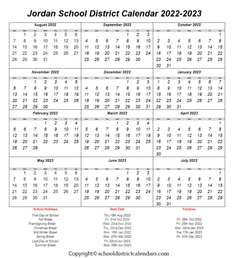 Jordan School District 2022 2023 Calendar With Holidays PDF