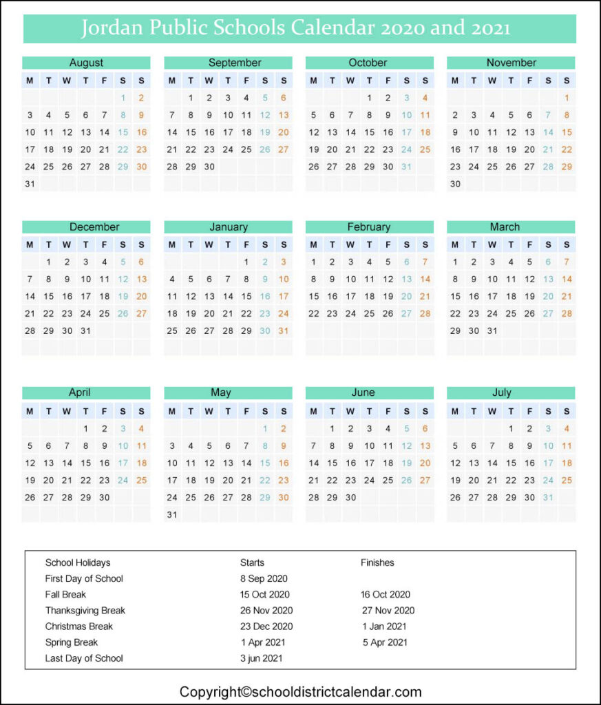 Jordan School District Calendar Holidays 2020 2021