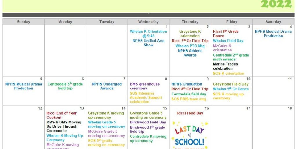 JUNE 2022 EVENT CALENDAR NORTH PROVIDENCE SCHOOL DISTRICT