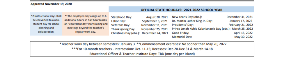 Kalani High School School District Instructional Calendar Hawaii 