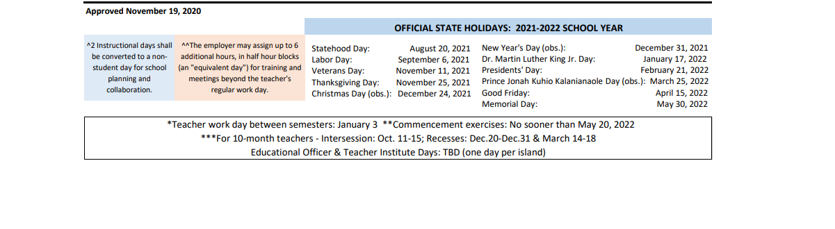 Kalani High School School District Instructional Calendar Hawaii