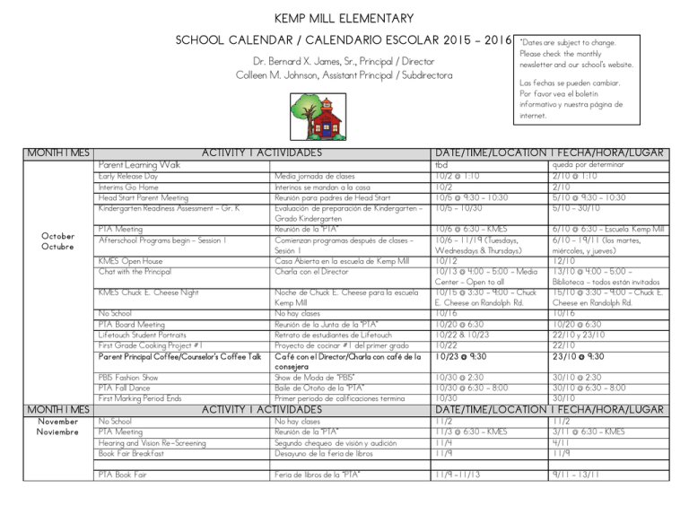 Kemp Mill Elementary School Calendar Calendario Escolar 2015