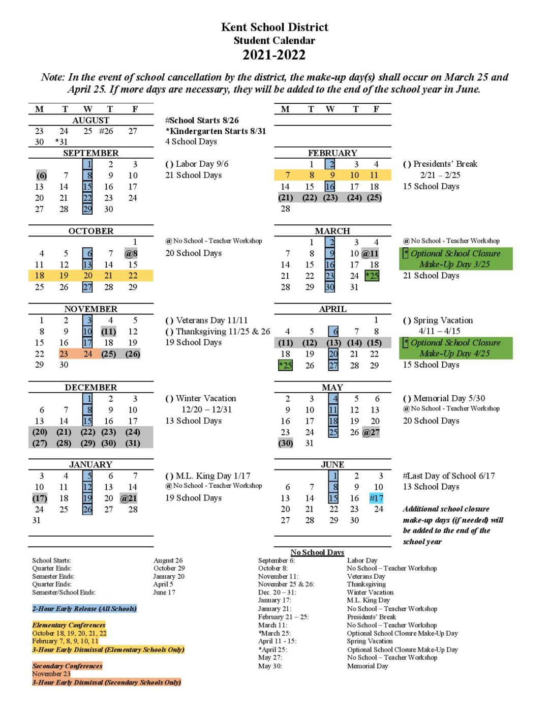 Kent School District Calendar 2022 In PDF Download Here