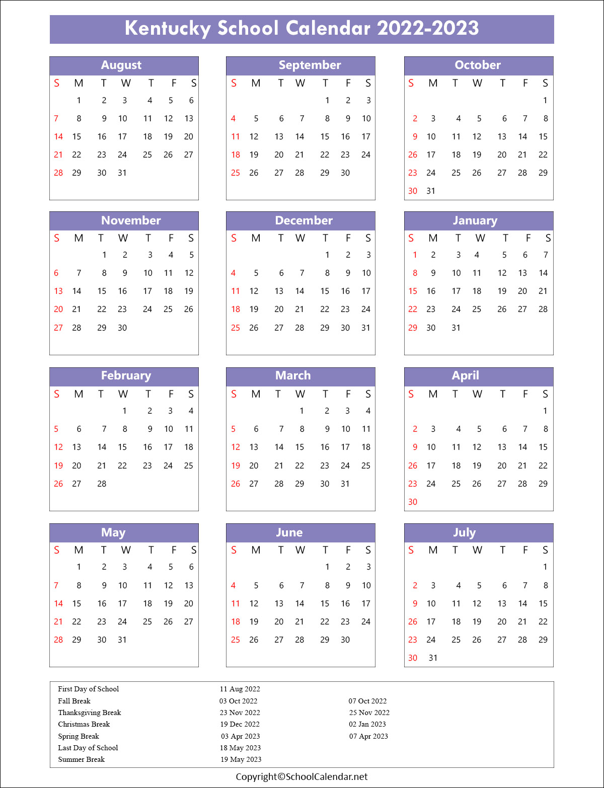 Kentucky School Calendar 2022 2023 County School District