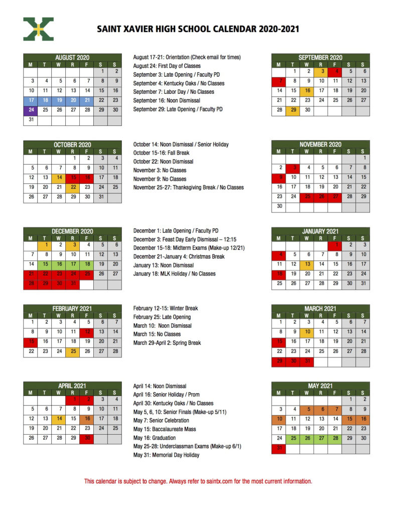 Key Dates Saint Xavier High School