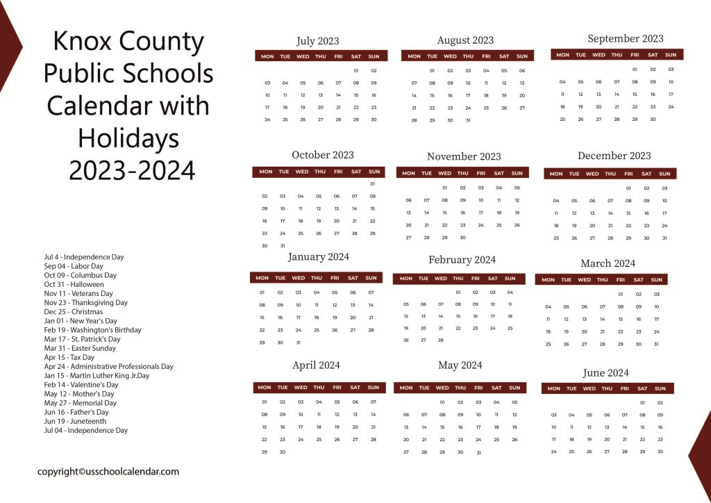 Knox County Public Schools Calendar US School Calendar