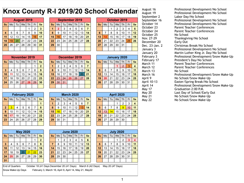 Knox County School Calendar 2020 17 Calendar Fall 2020