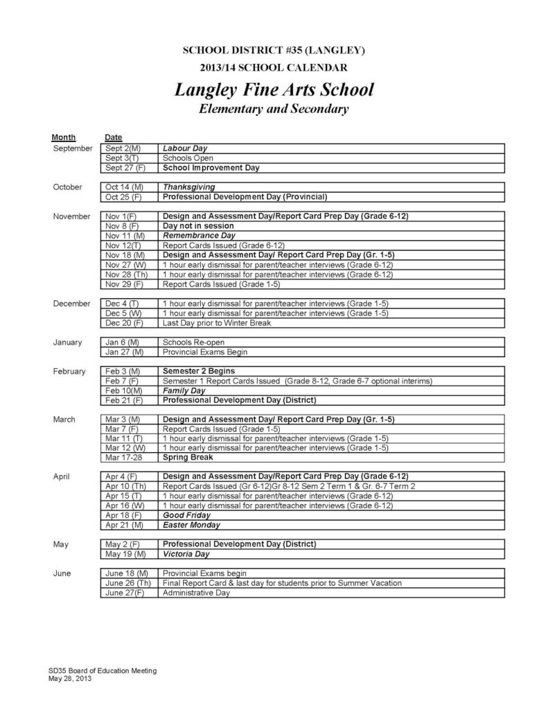 Langley Fine Arts School School Calendar 2013 2014