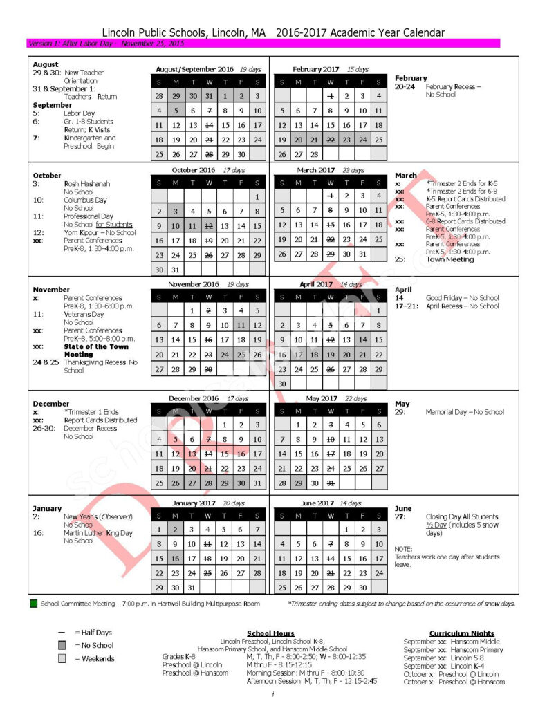 Lincoln Public Schools Calendars Lincoln MA