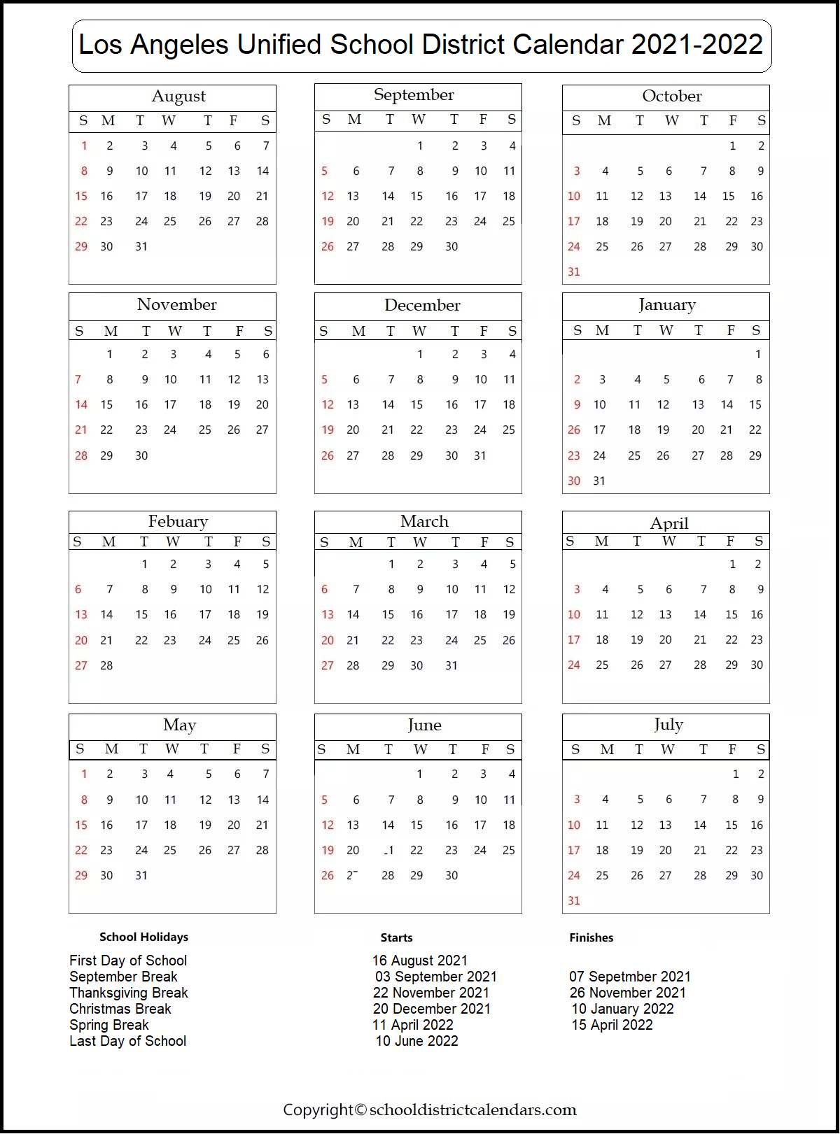 Los Angeles Unified School District Calendar 2022 2023