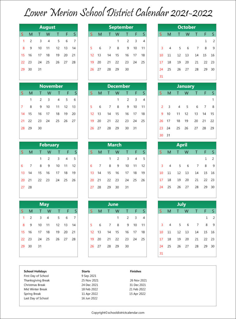 Lower Merion School District Calendar Holidays 2021 2022