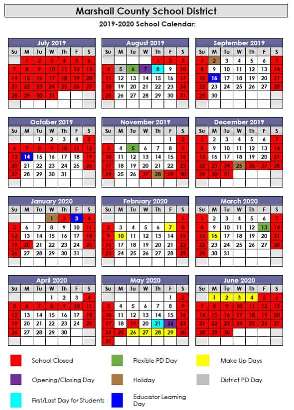 Marshall County School District 2019 2020 Calendar Marshall County 