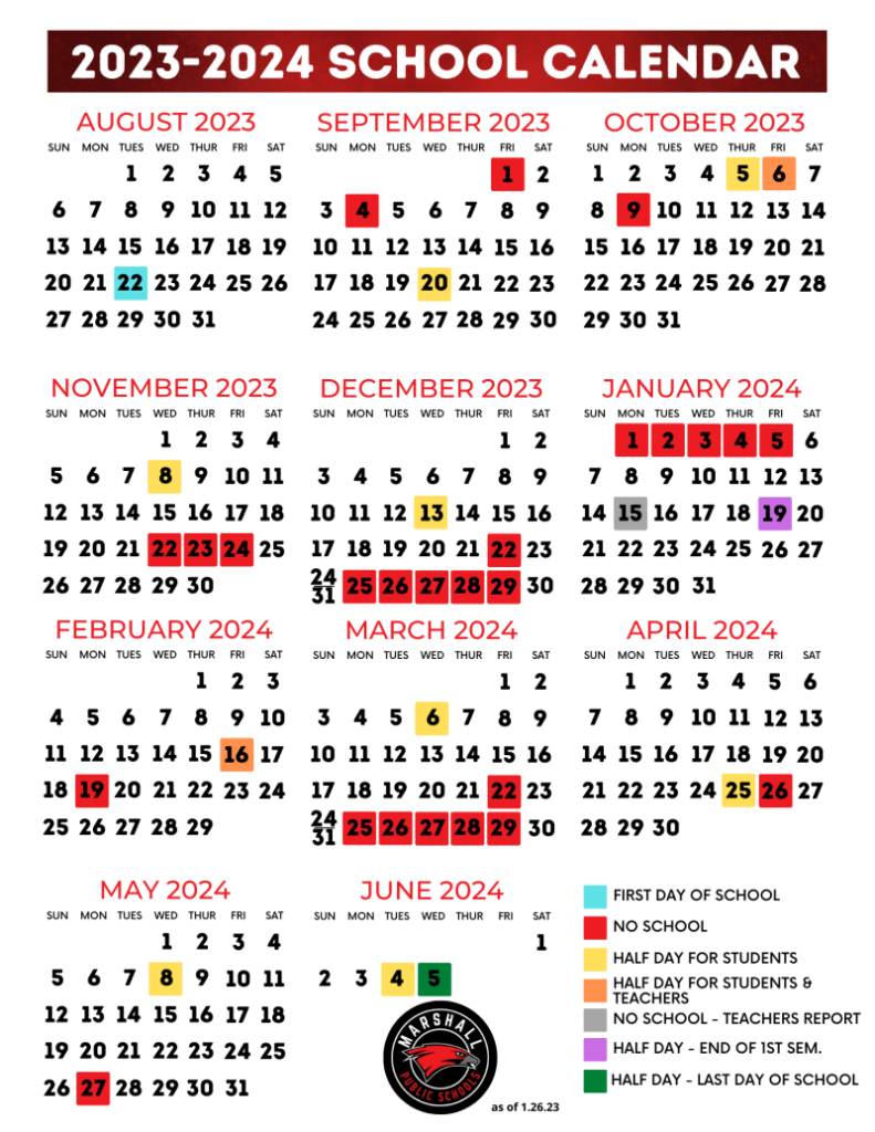 Marshall Public Schools Calendar With Holidays 2023 2024