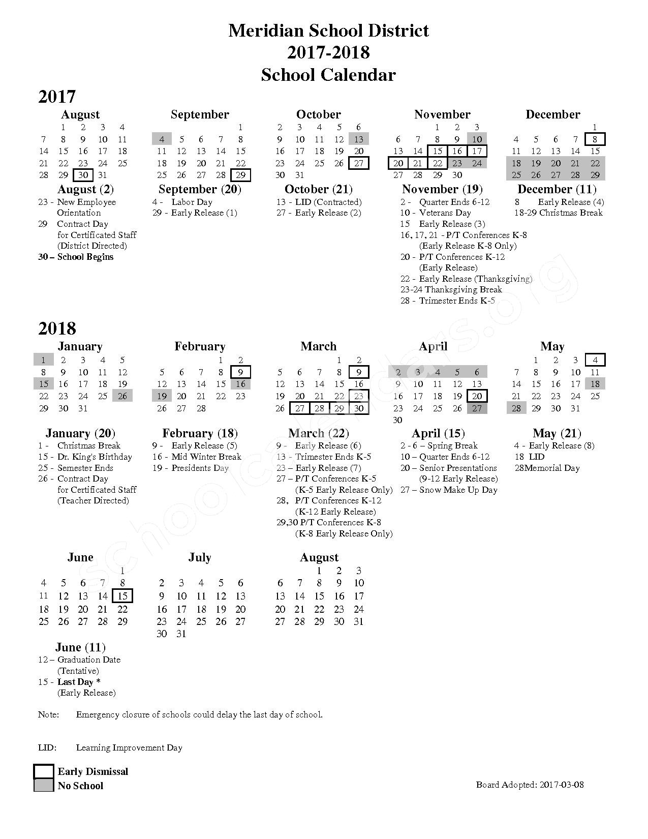 Meridian School District Calendars Bellingham WA