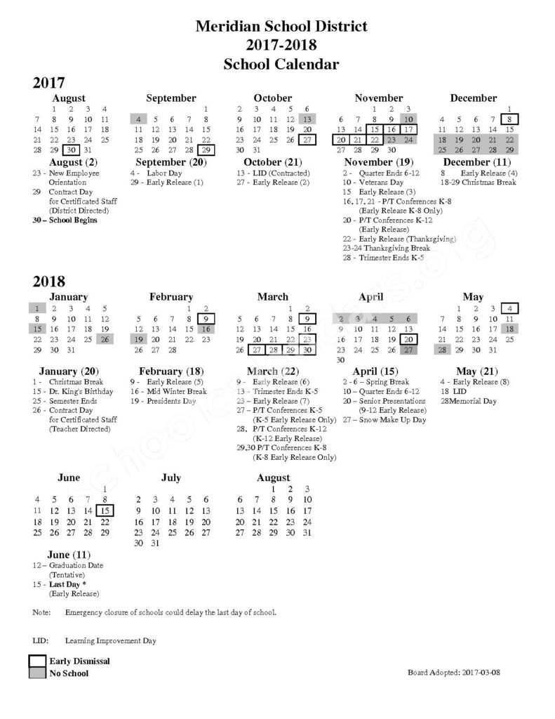 Meridian School District Calendars Bellingham WA