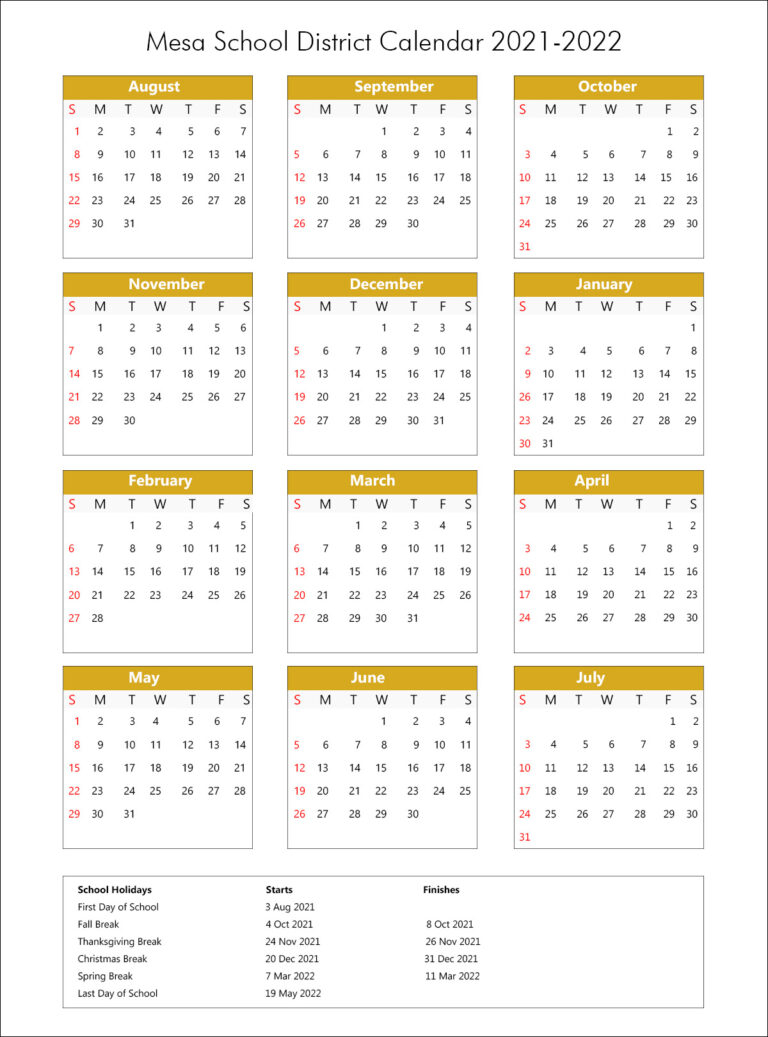 Mesa Unified School District Calendar Holidays 2021 2022