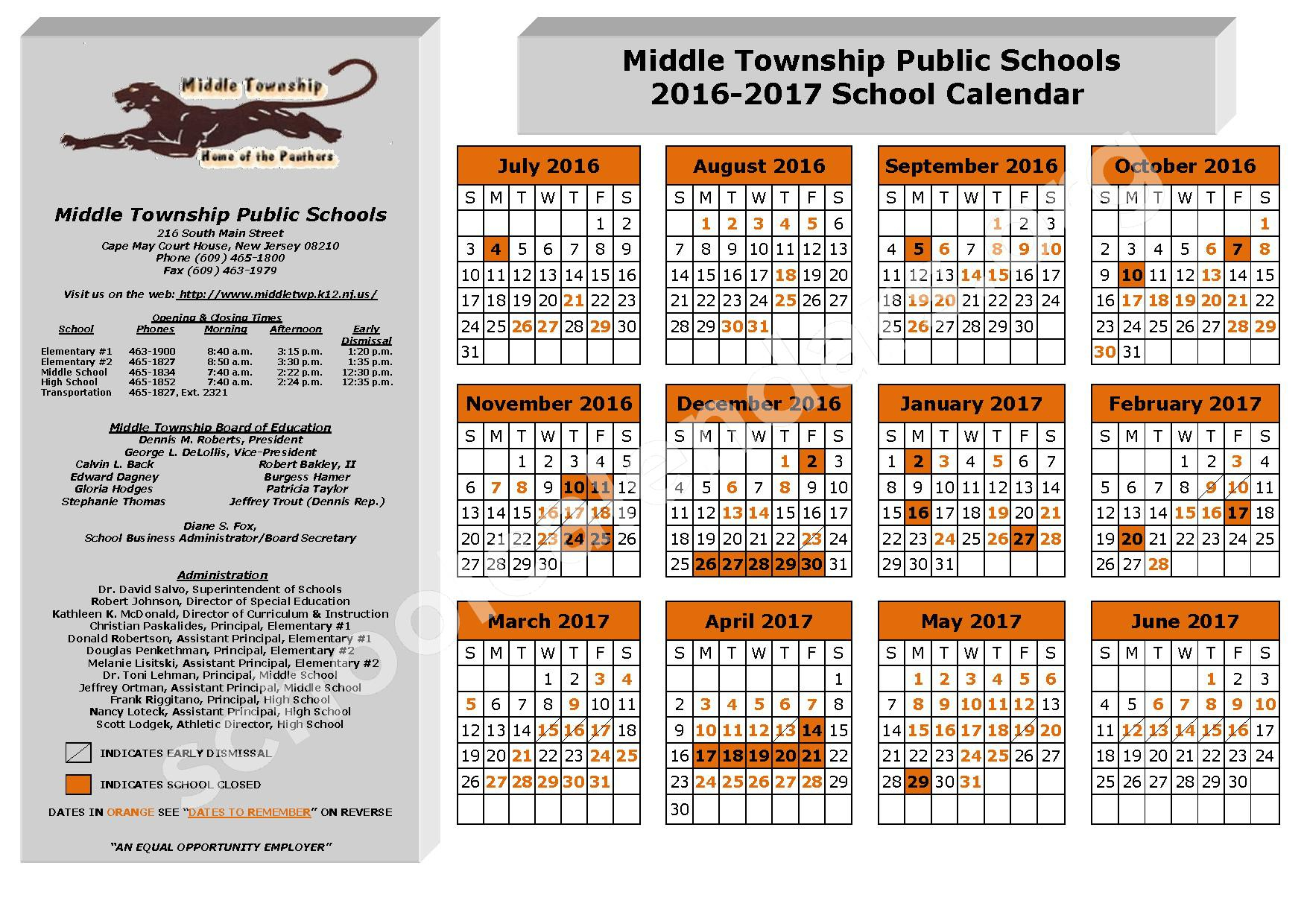 Middle Township Public Schools Calendars Cape May Court House NJ